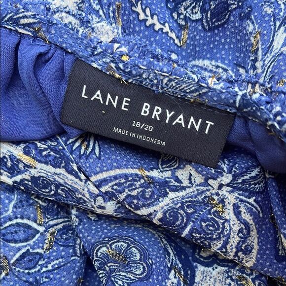 Lane Bryant Blue and White Floral Blouse gold glitter sheer Elastic bell sleeve - Picture 5 of 5